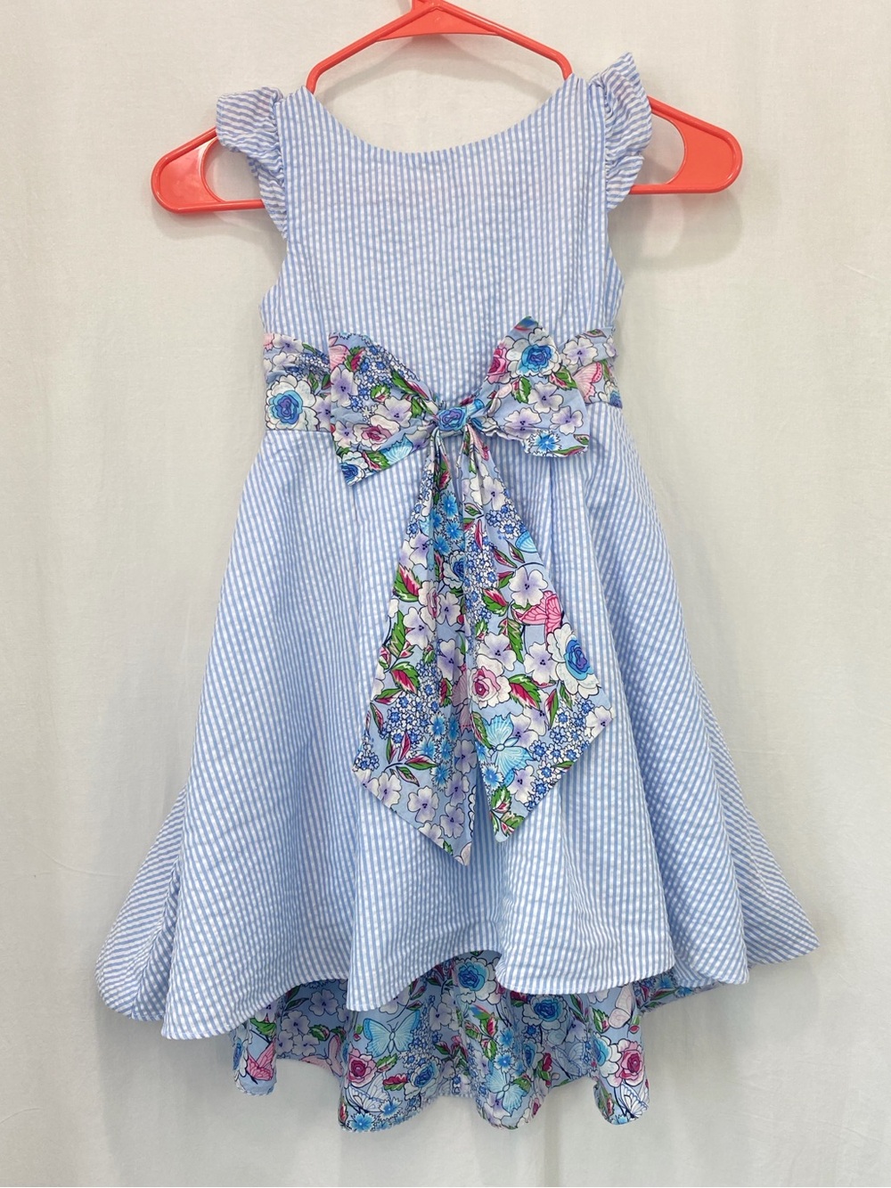 Rare Editions Girls Blue White Seersucker High Low Dress Pink Floral Bow Size 5